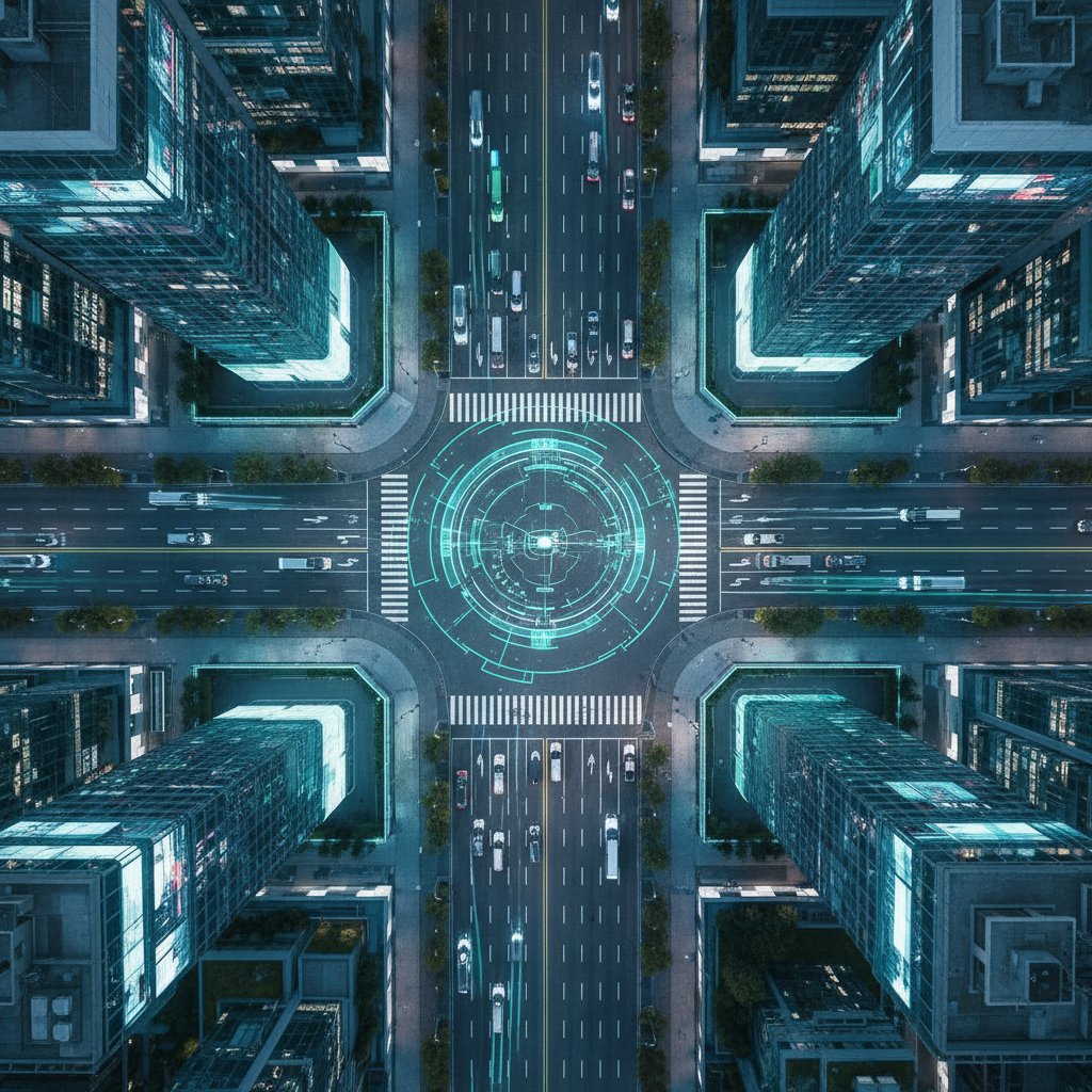 Drone shot of city intersection with smart infrastructure, TJA-equipped cars navigating