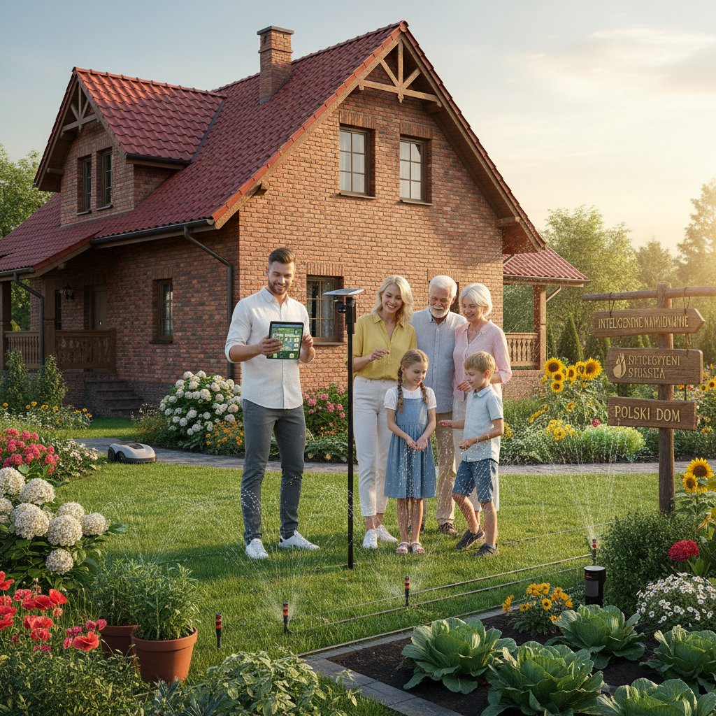 Inteligentne nawadnianie trawnika w polskim domu jednorodzinnym, rodzina korzystająca z ogrodu