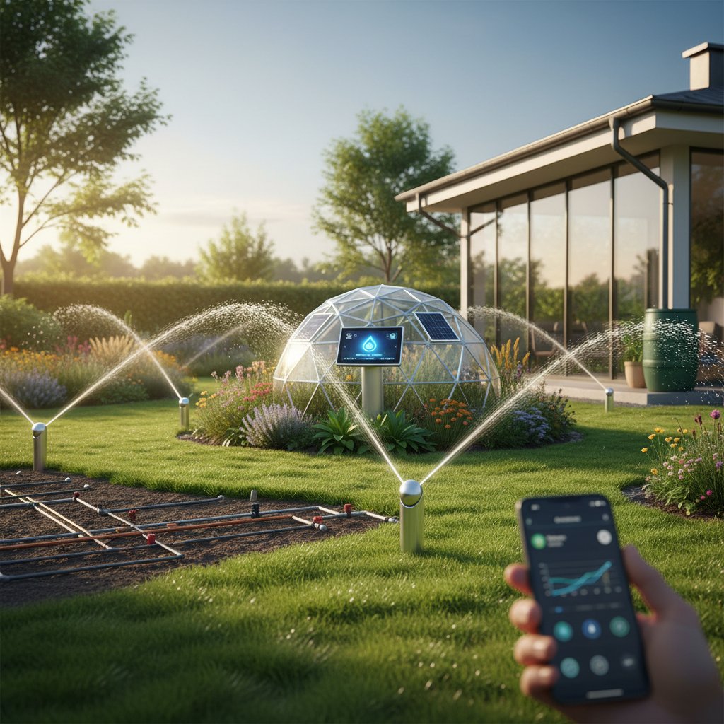 Nowoczesny automatyczny system nawadniania zamontowany w ogrodzie