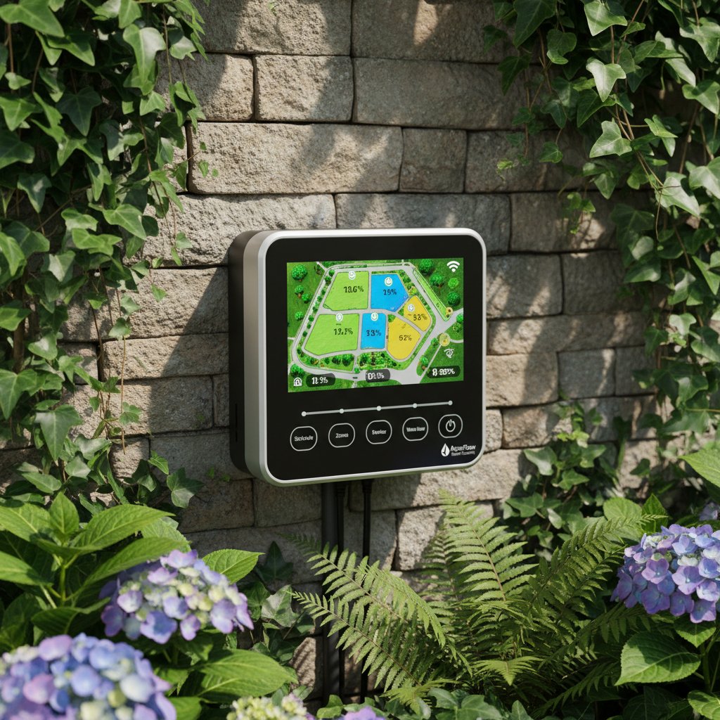Inteligentny sterownik nawadniania w ogrodzie, nowoczesny panel dotykowy na tle roślin