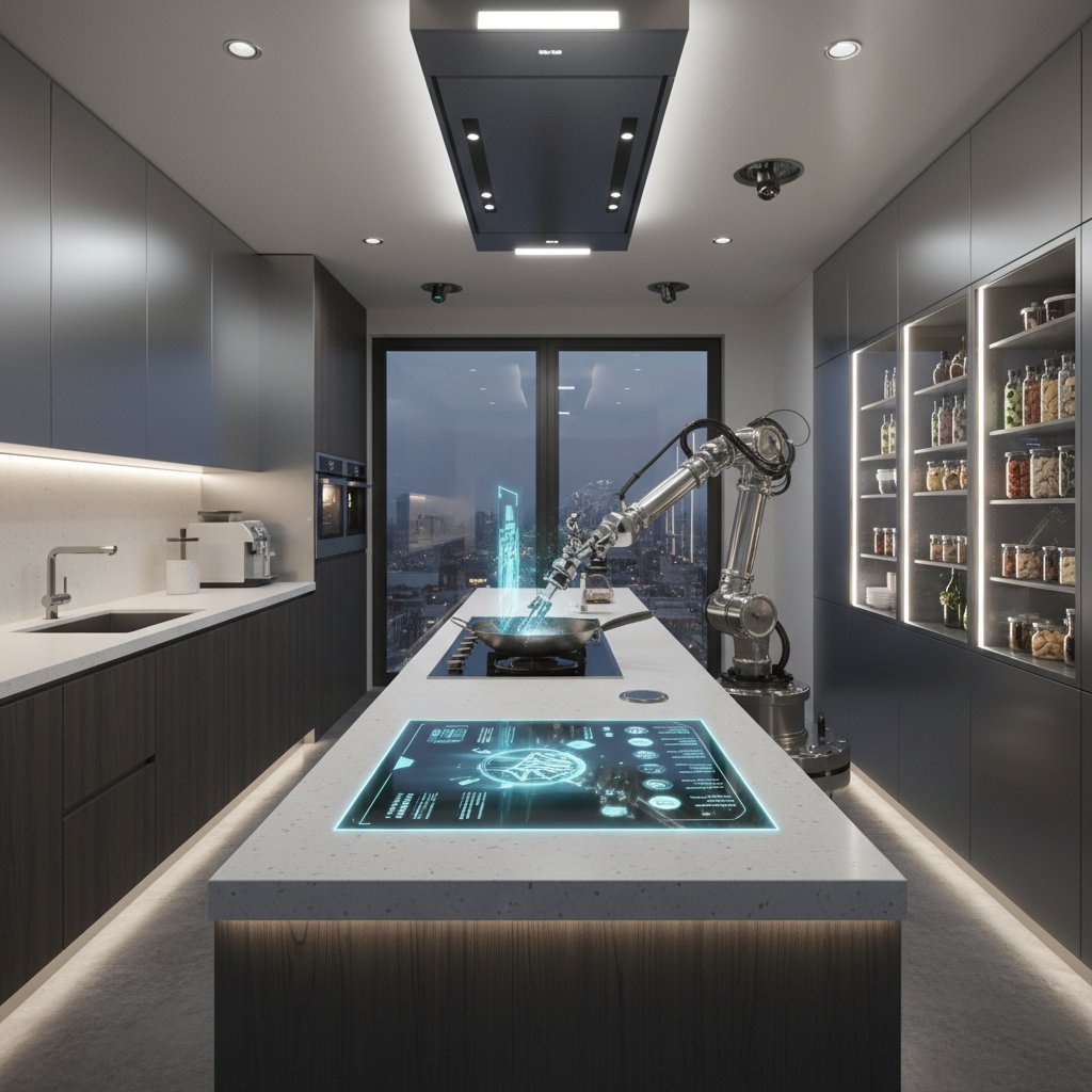 Nowoczesna kuchnia z tabletami, inteligentnymi sprzętami i AI asystentem na ekranie