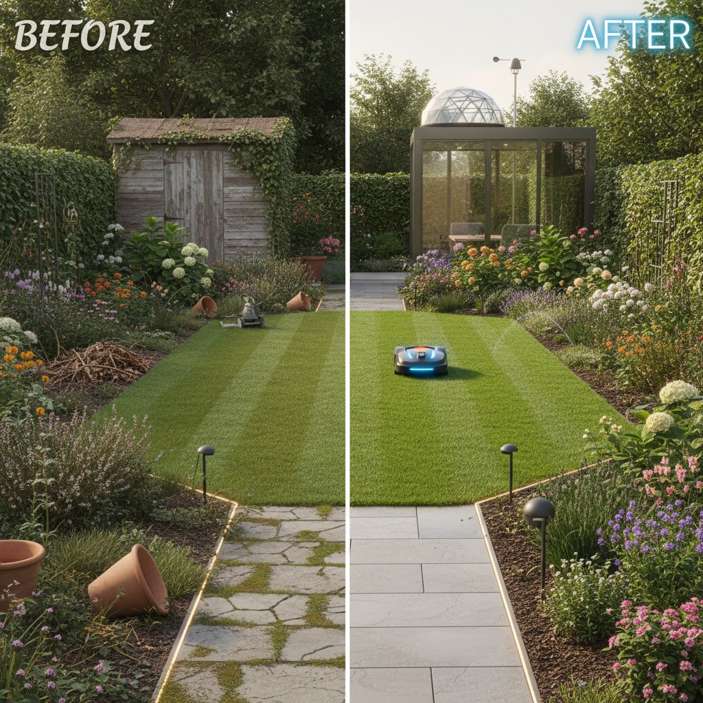 Trawnik przed i po wdrożeniu inteligentnego systemu podlewania, różnica w jakości zieleni