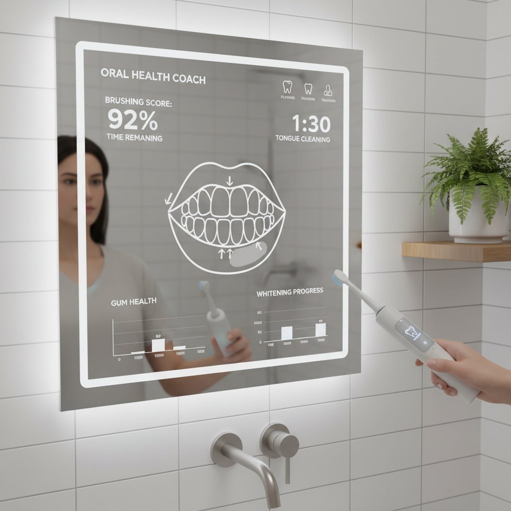 Zdjęcie osoby korzystającej z inteligentnego lustra w łazience podczas mycia zębów