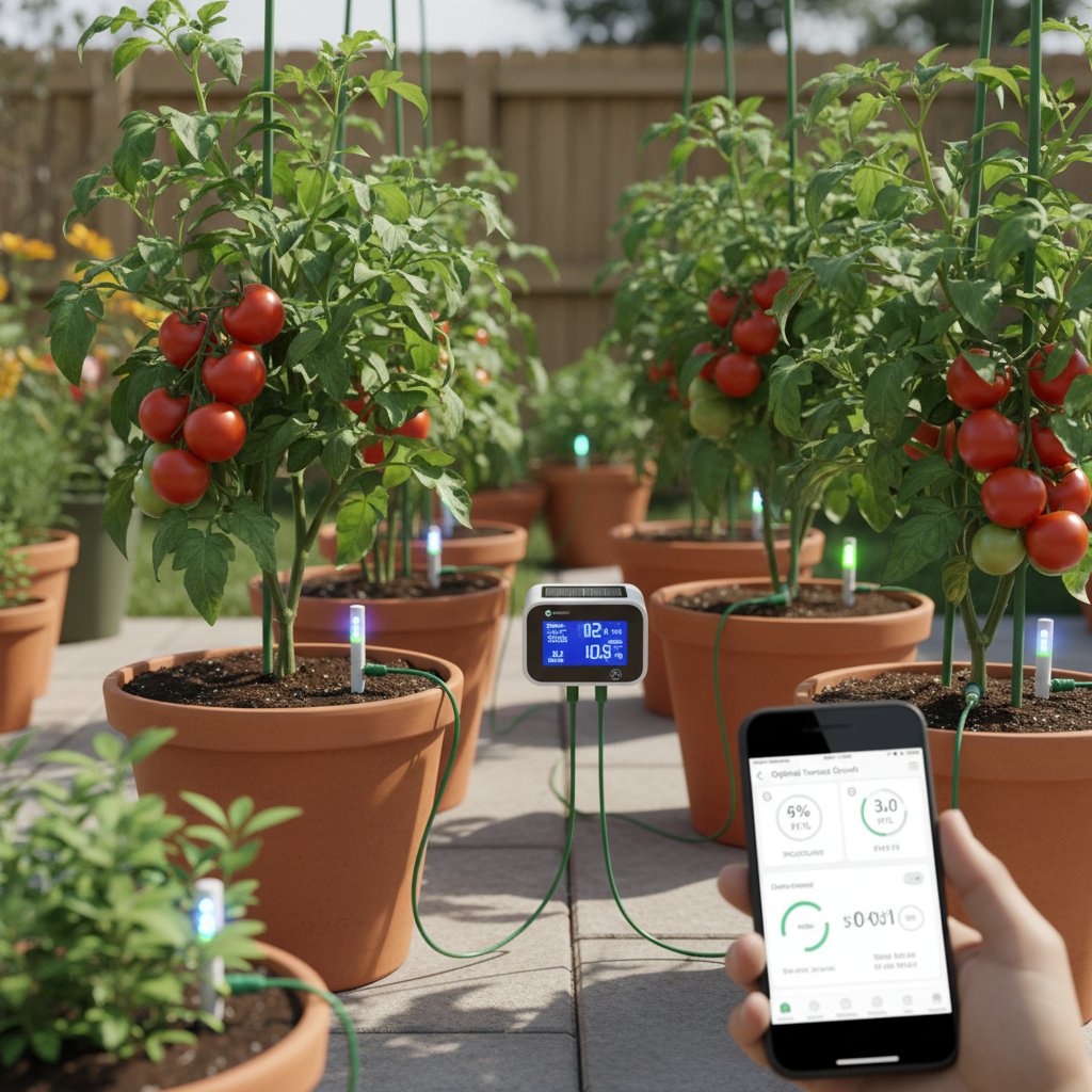 Czujniki AI umieszczone tuż przy krzewach pomidorów w przydomowym ogrodzie, symbol domowego wdrożenia AI