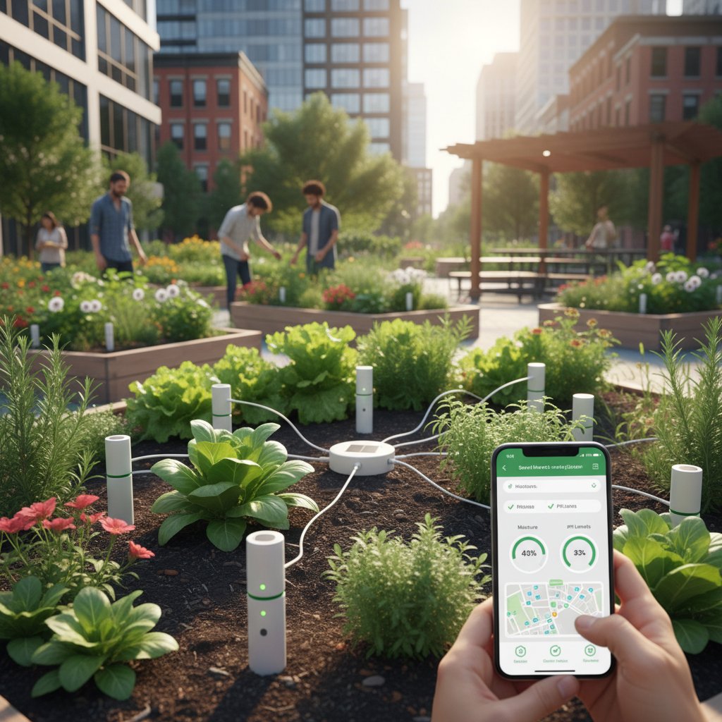 Inteligentny monitoring gleby w miejskim ogrodzie społecznym, nowoczesne czujniki i aplikacja mobilna