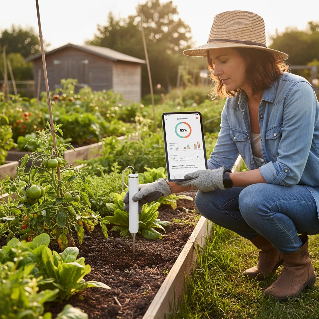 Nowoczesny czujnik do pomiaru jakości gleby, ogrodnik korzystający z aplikacji na smartfonie