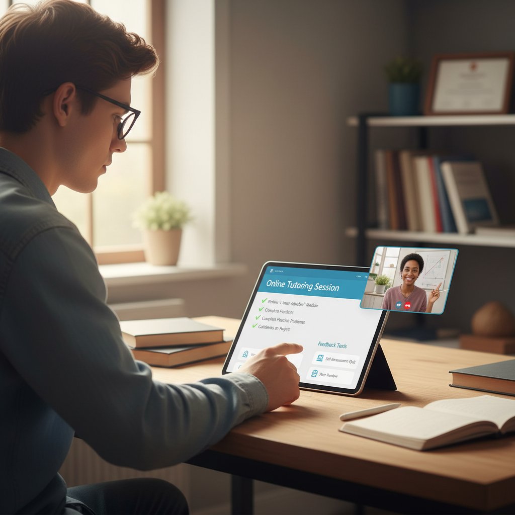 Smarte Schülerin nutzt Tablet, arbeitet mit Checklisten und Feedback-Tools, zeigt effektive Online-Nachhilfe