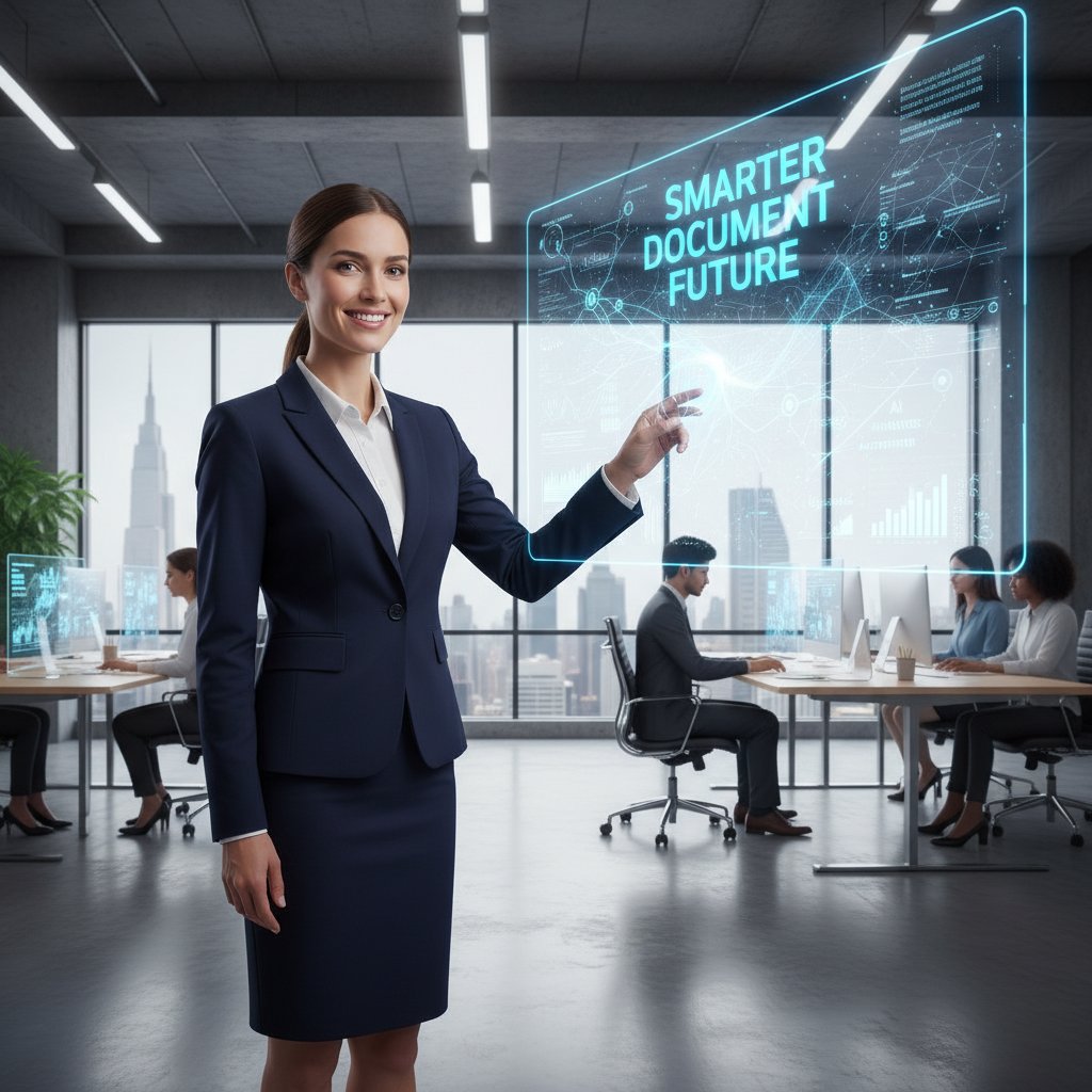 Photo of confident professional in modern office, digital screens displaying document insights, symbolizing mastery of document conversion