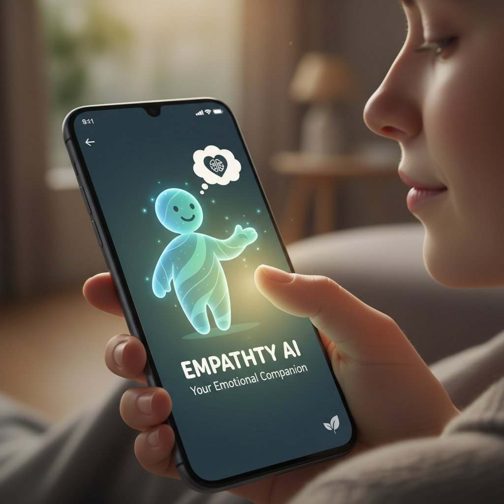 Telefon z aplikacją AI na ekranie, symbol wsparcia psychologicznego po rozstaniu