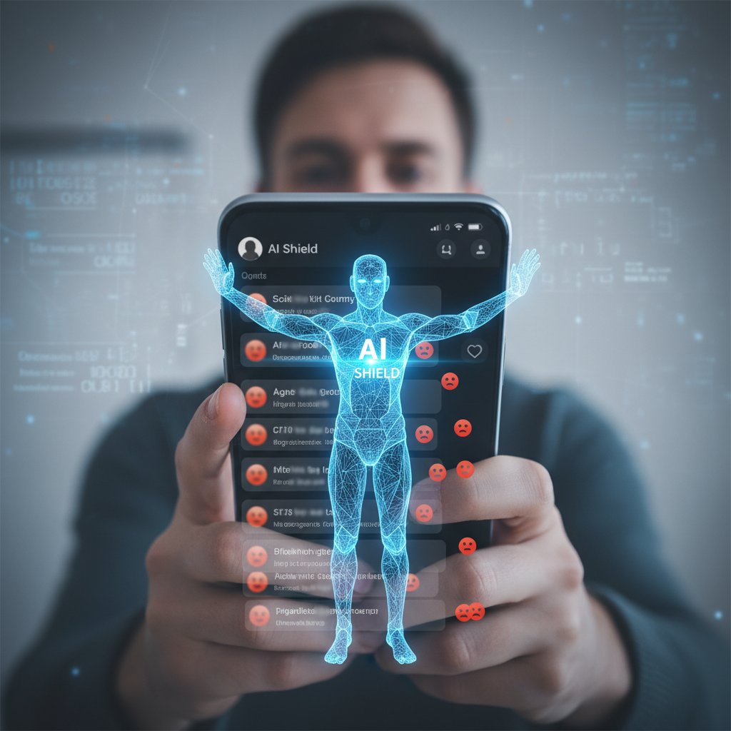 Zbliżenie na ekran smartfona z botem, wokół komentarze pełne hejtu, twarze użytkowników niewyraźne