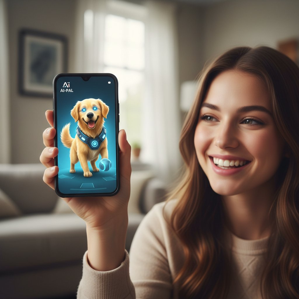 Zbliżenie na ekran smartfona z interaktywnym, uśmiechniętym pieskiem AI