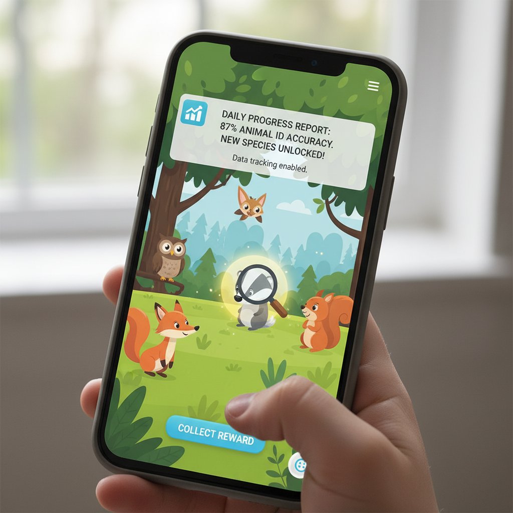 Smartfon z włączoną grą edukacyjną i widocznym powiadomieniem o śledzeniu danych