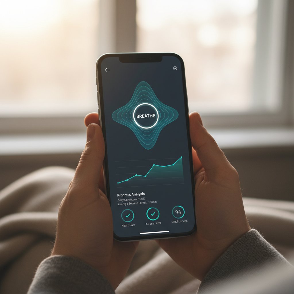Zbliżenie na ręce trzymające smartfon z aplikacją do oddechu, ekran z analizą postępów