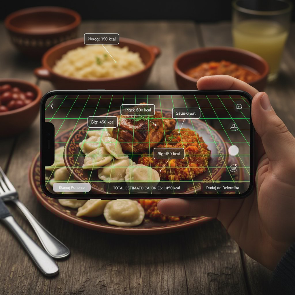 Smartfon z aplikacją do liczenia kalorii, ekran pokazujący skanowanie polskiego obiadu