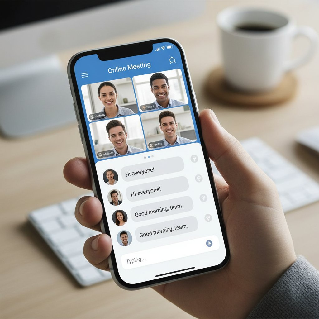 Zdjęcie smartfona z uruchomioną aplikacją do czatowania, w tle spotkanie online