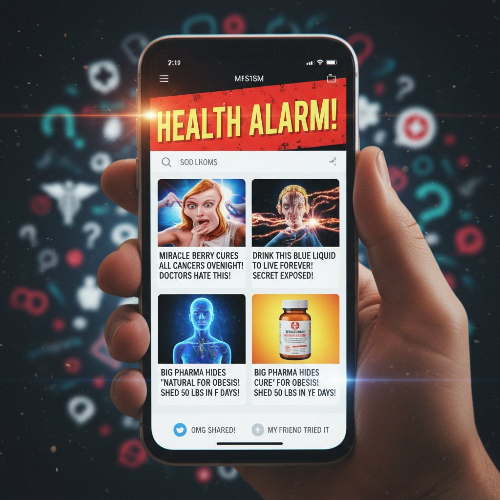 Ekran smartfona z widocznymi nagłówkami typu clickbait i alarmującymi grafikami