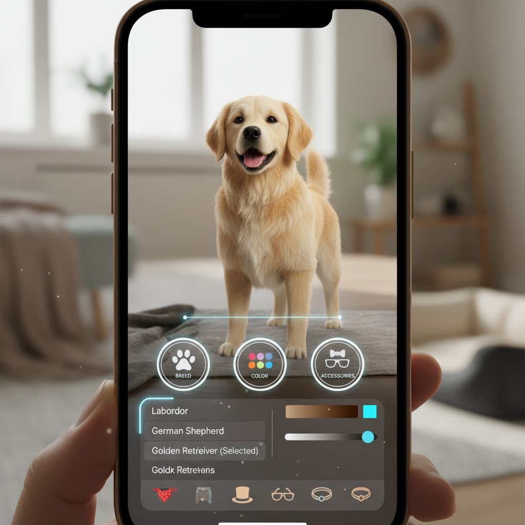 Zbliżenie na ekran smartfona – personalizacja wirtualnego psa poprzez wybór rasy, umaszczenia i akcesoriów