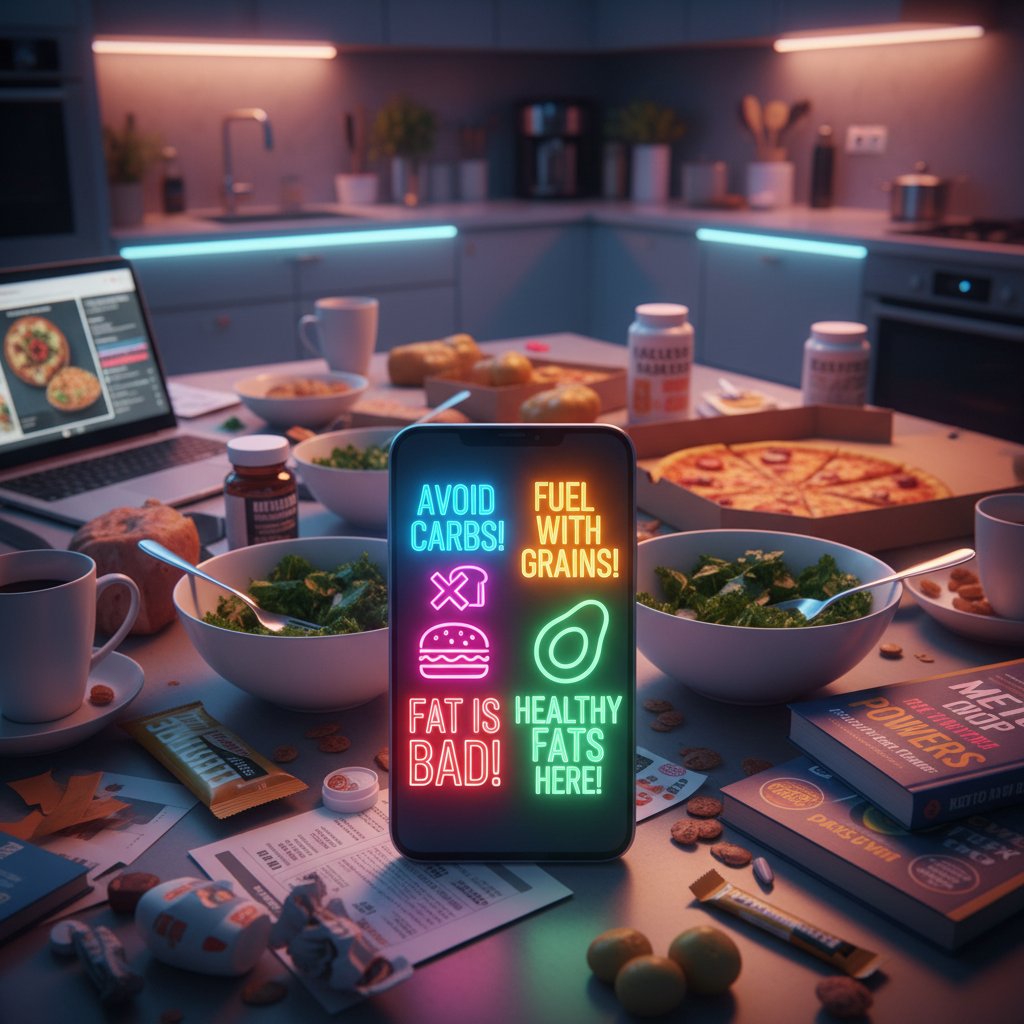 Smartfon na stole kuchennym wyświetlający sprzeczne porady żywieniowe