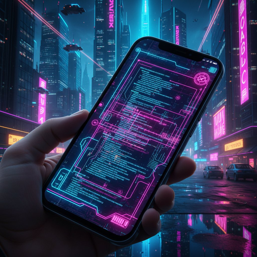 Zbliżenie na smartfon z kodem, tło w neonowych kolorach – mobilny development, nauka online