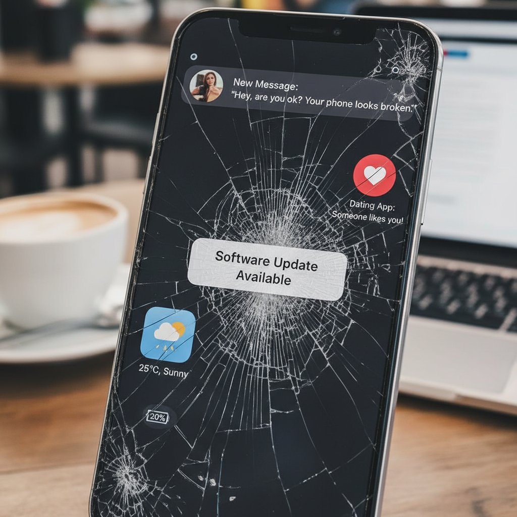 Smartfon z pękniętym ekranem i niepokojącymi powiadomieniami, zagrożenia cyfrowego życia