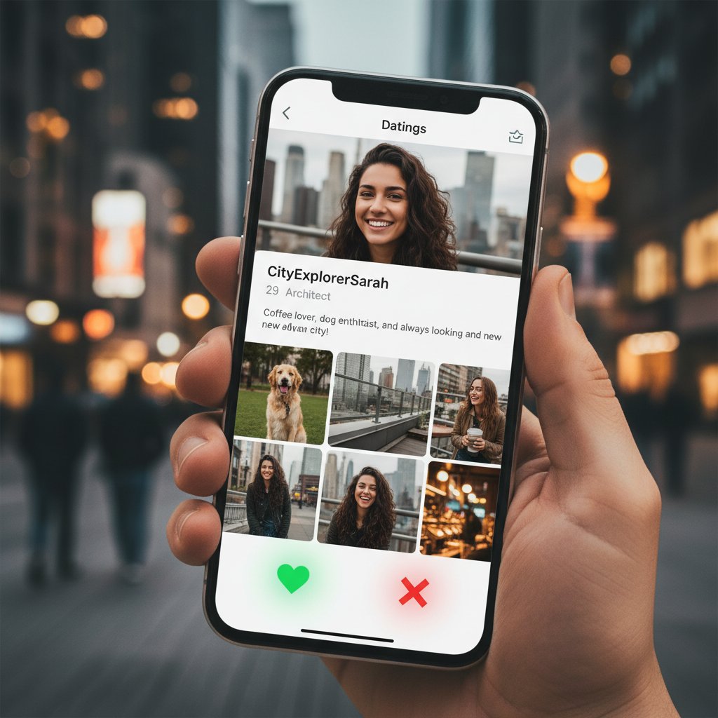 Zbliżenie na smartfon z atrakcyjnym bio i zdjęciem profilowym, w tle miasto nocą