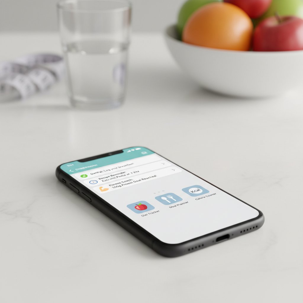 Ekran smartfona z powiadomieniami aplikacji dietetycznych, symbolizujący natłok informacji i kontroli diety