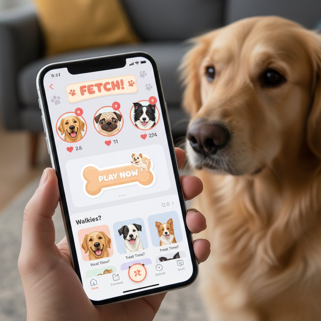 Zdjęcie ekranu smartfona z aplikacją wirtualnego psa – ilustracja dostępnych funkcji i przyjaznego interfejsu