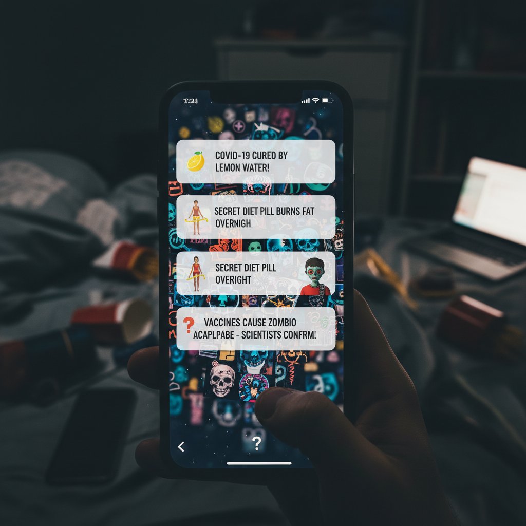 Ekran smartfona z powiadomieniami o podejrzanych wiadomościach zdrowotnych