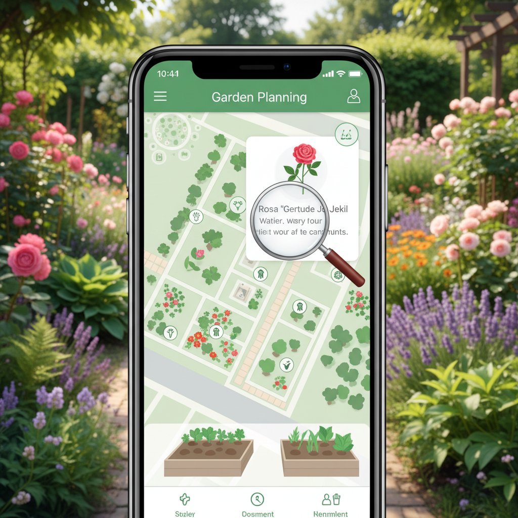 Zdjęcie smartfona z uruchomioną aplikacją ogrodniczą oraz roślinami w tle