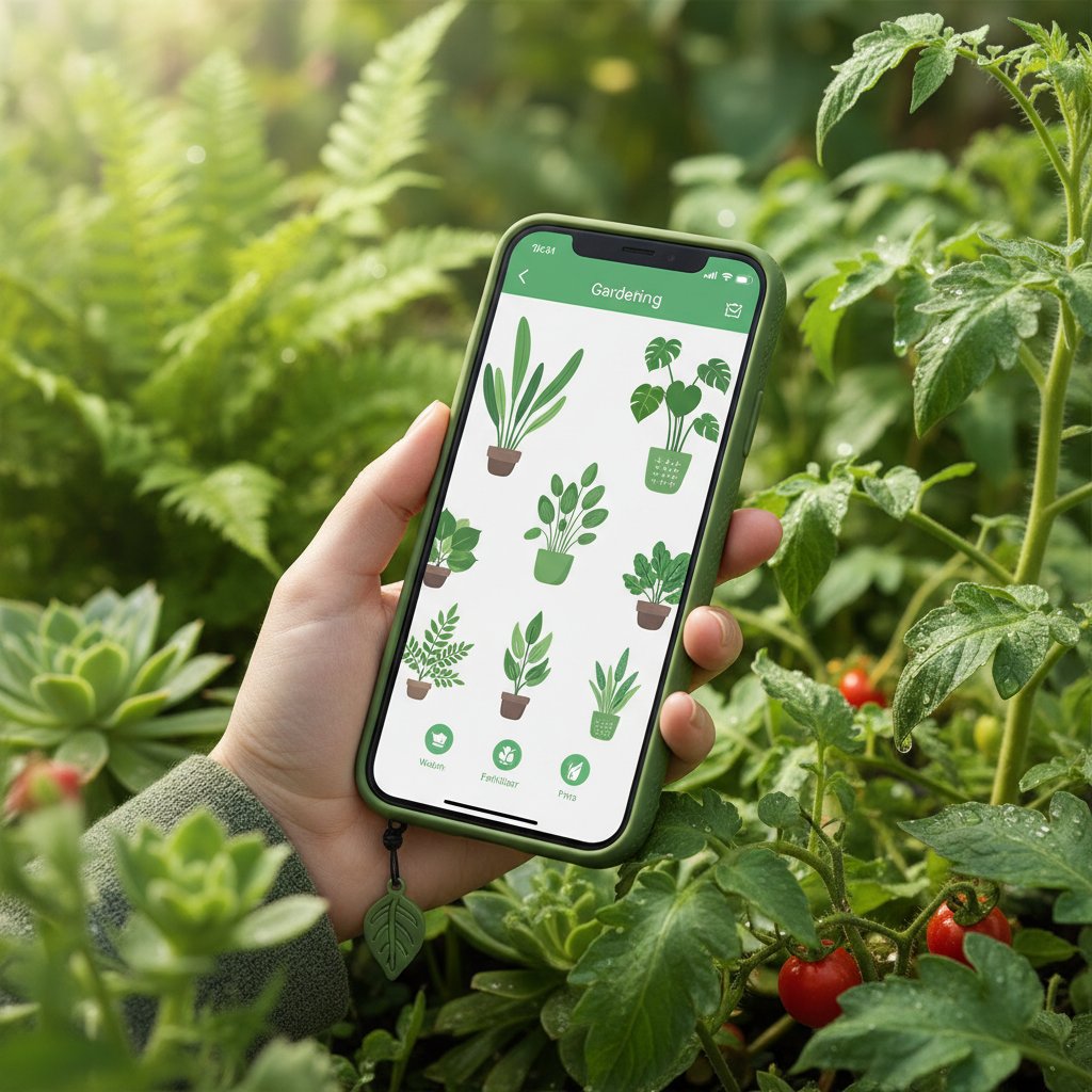 Zbliżenie na ekran smartfona z zaawansowaną aplikacją ogrodniczą, wokół zielone rośliny