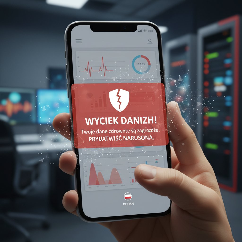 Zbliżenie na smartfona z aplikacją zdrowotną, na ekranie komunikat o wycieku danych