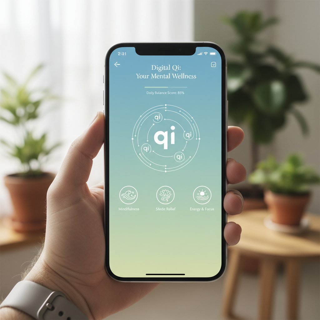 Symbolfoto: Smartphone mit Gesundheits-App, KI-Symbole – Digitalisierung und psychische Gesundheit