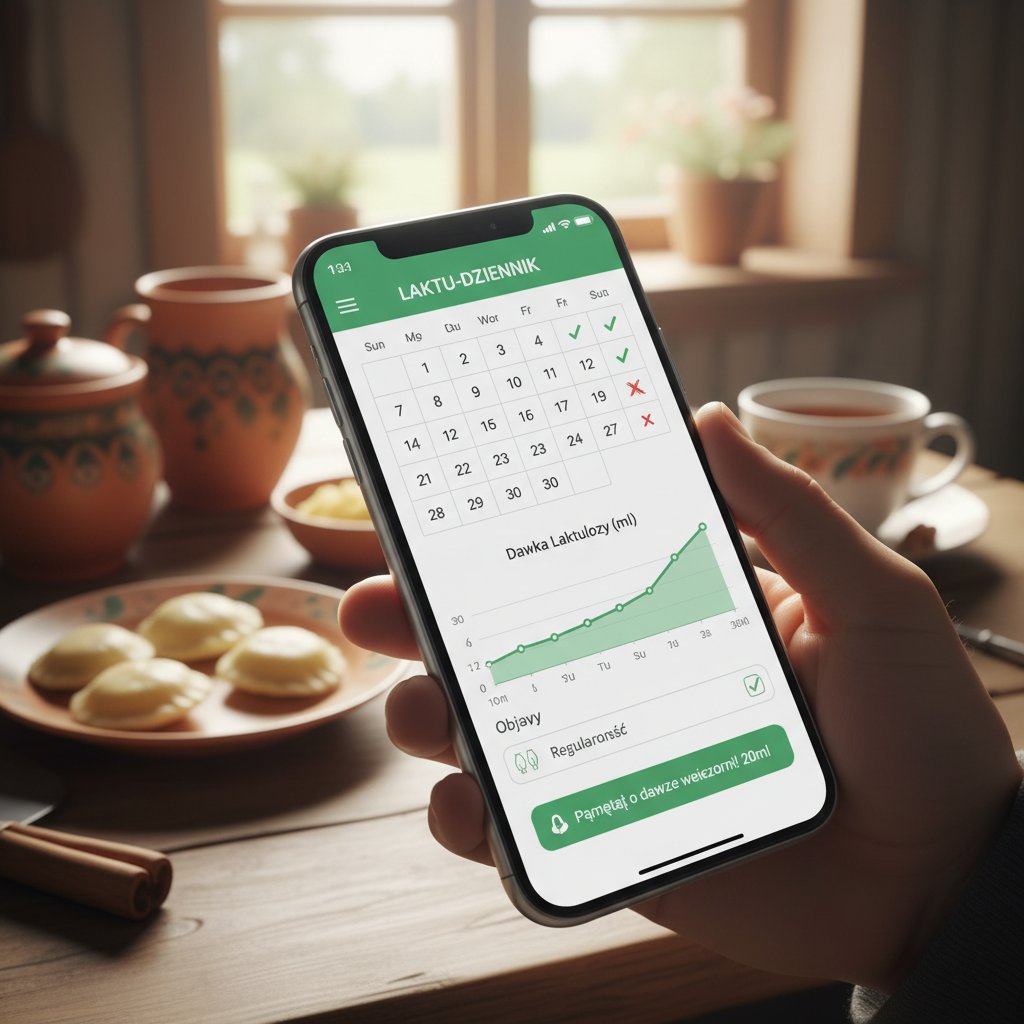 Telefon z aplikacją zdrowotną śledzącą stosowanie laktulozy, nowoczesny design, polskie otoczenie