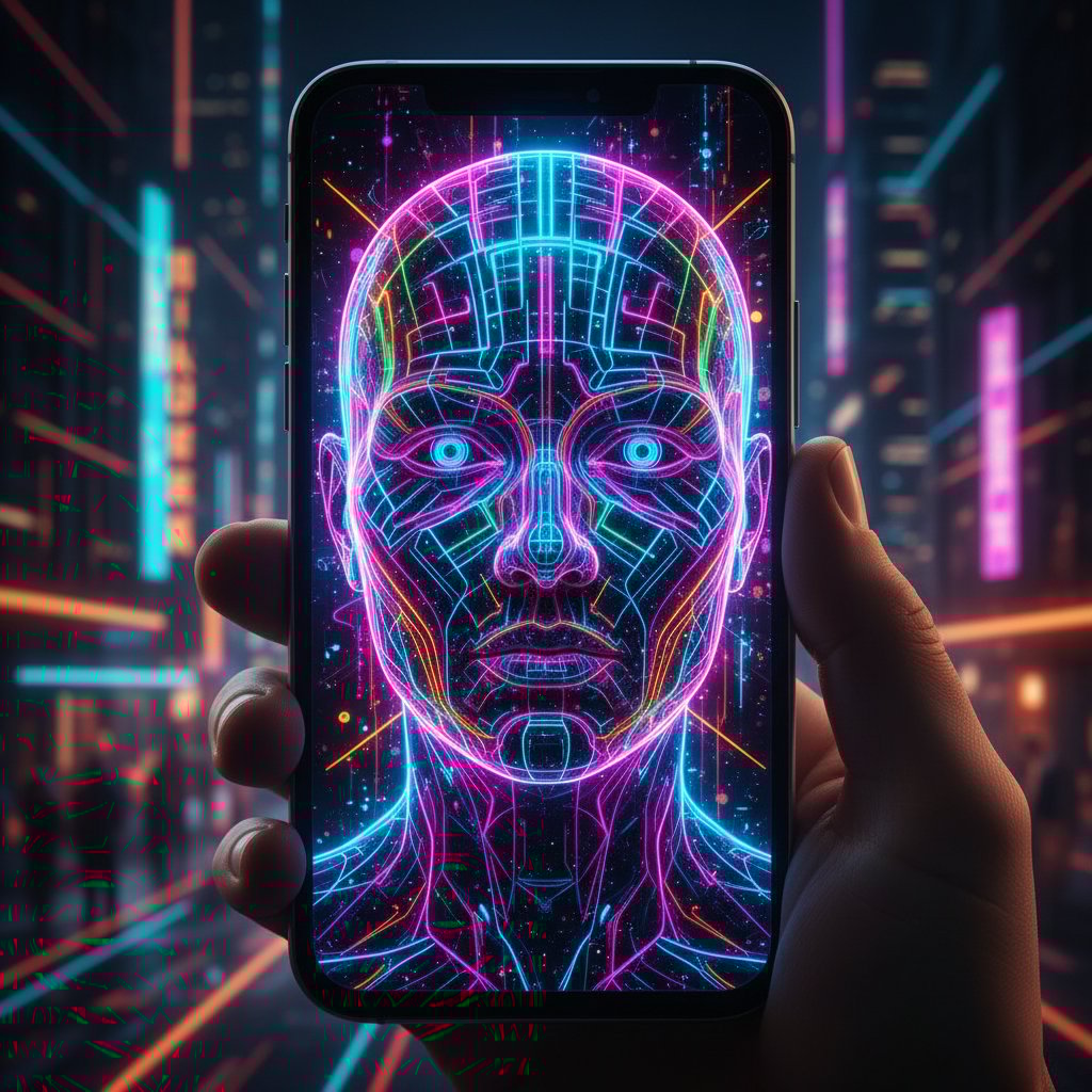 Smartfon odbijający twarz i cyfrowy profil, rozpoznawanie osobowości przez AI na portalach randkowych