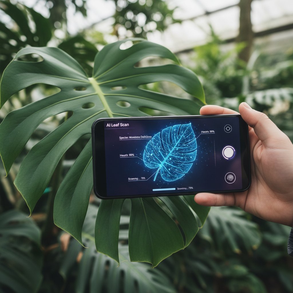 Telefon rozpoznający roślinę za pomocą AI, nowoczesny interfejs