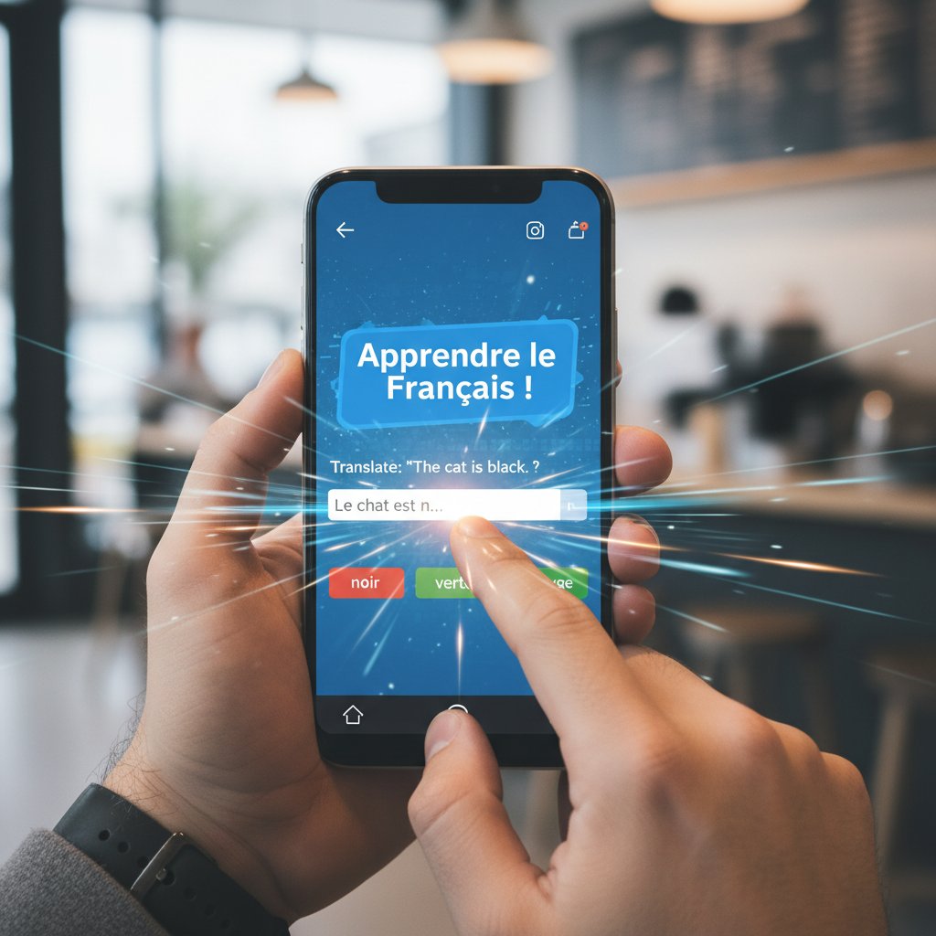 Zbliżenie na ekran smartfona z aplikacją do nauki francuskiego, palce wpisujące odpowiedź, dynamiczna scena