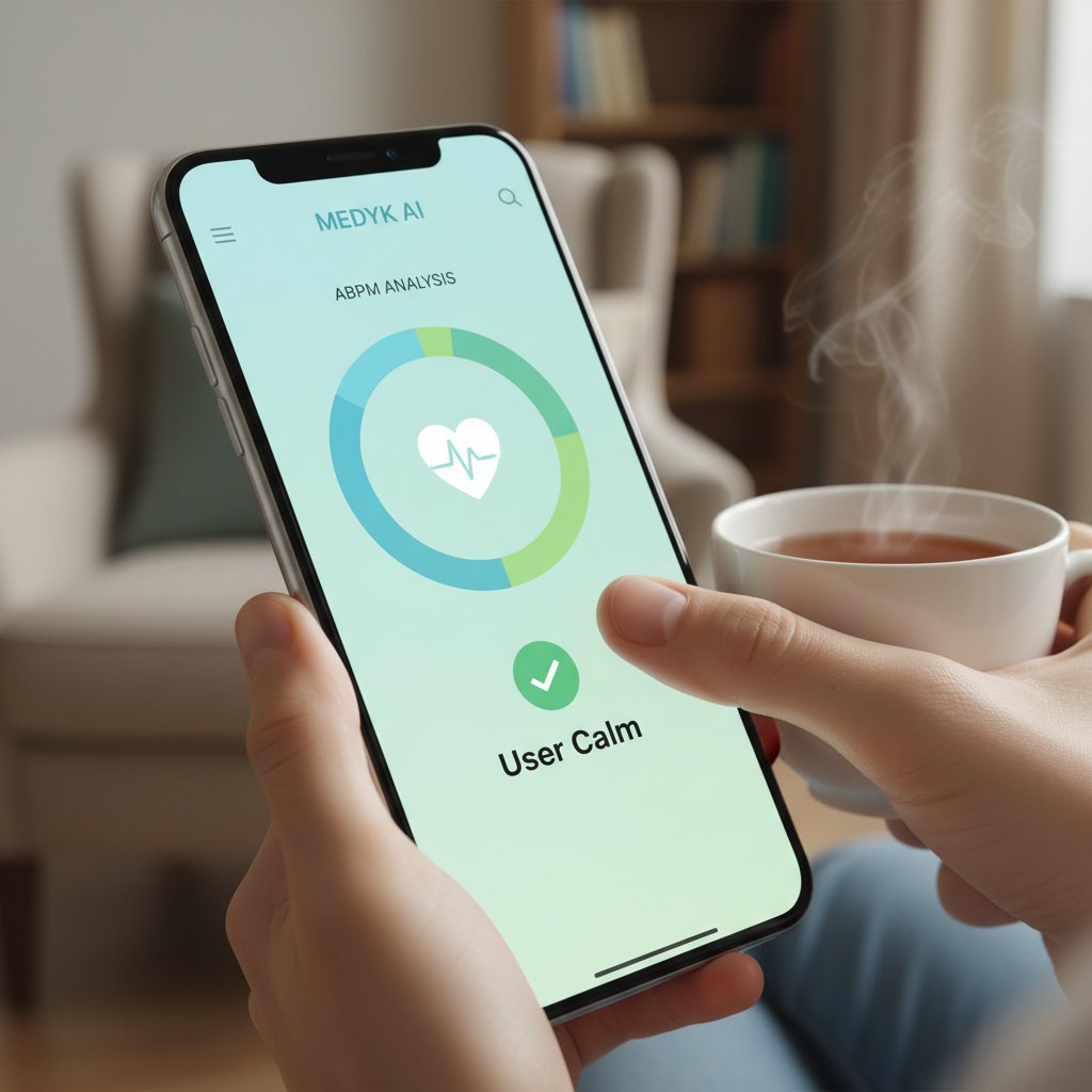 Ekran smartfona z aplikacją medyk.ai analizującą wyniki ABPM, użytkownik spokojny i skupiony