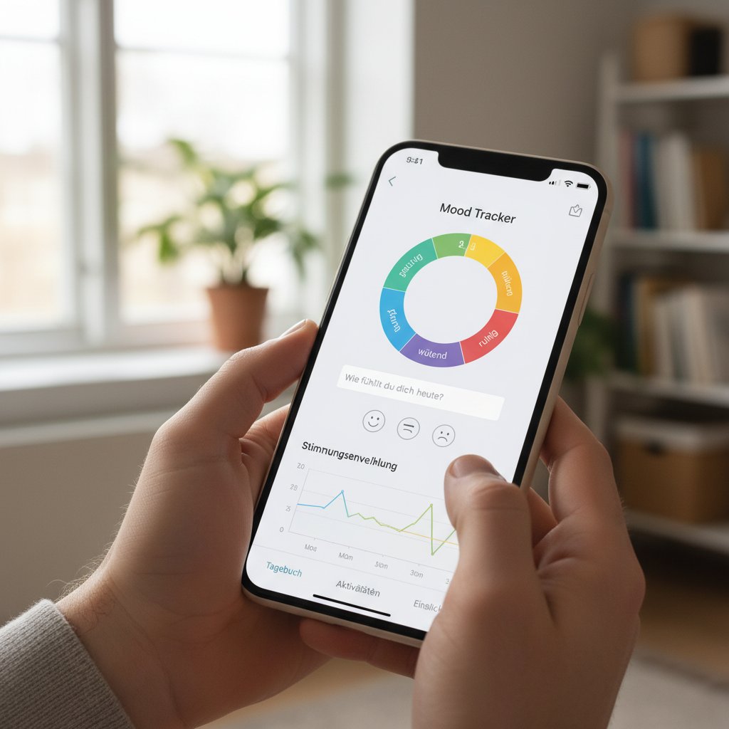 Nahaufnahme einer Smartphone-App, die Stimmungsverlauf anzeigt, Symbol für digitale Selbsthilfe