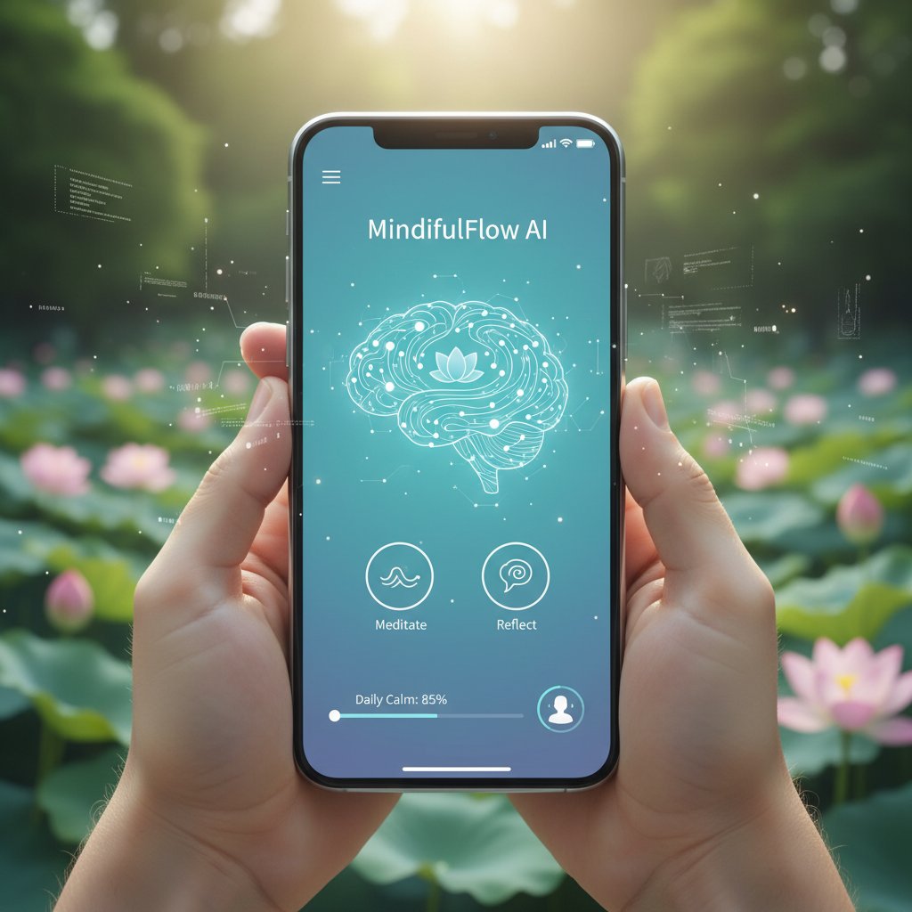 Nowoczesny interfejs aplikacji mindfulness na smartfonie, osoba korzystająca z narzędzi AI, cyfrowa atmosfera