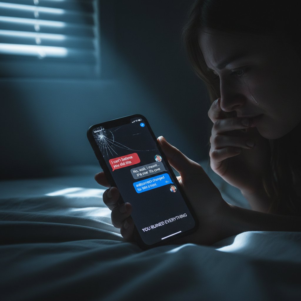 Misunderstood text messages in a relationship, smartphone screen, dramatic lighting, digital miscommunication