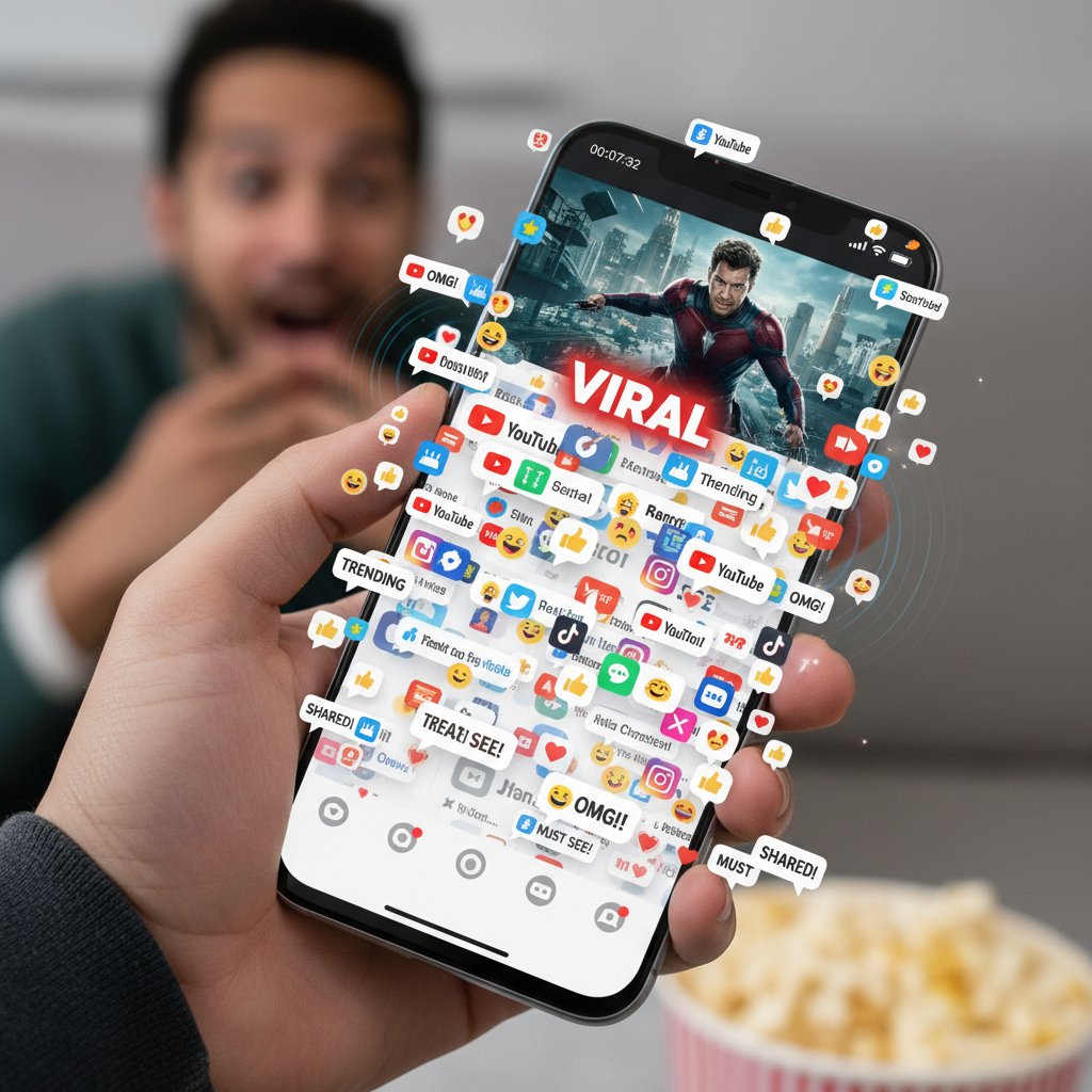 Stylized depiction of a smartphone screen with a movie scene going viral, notifications popping