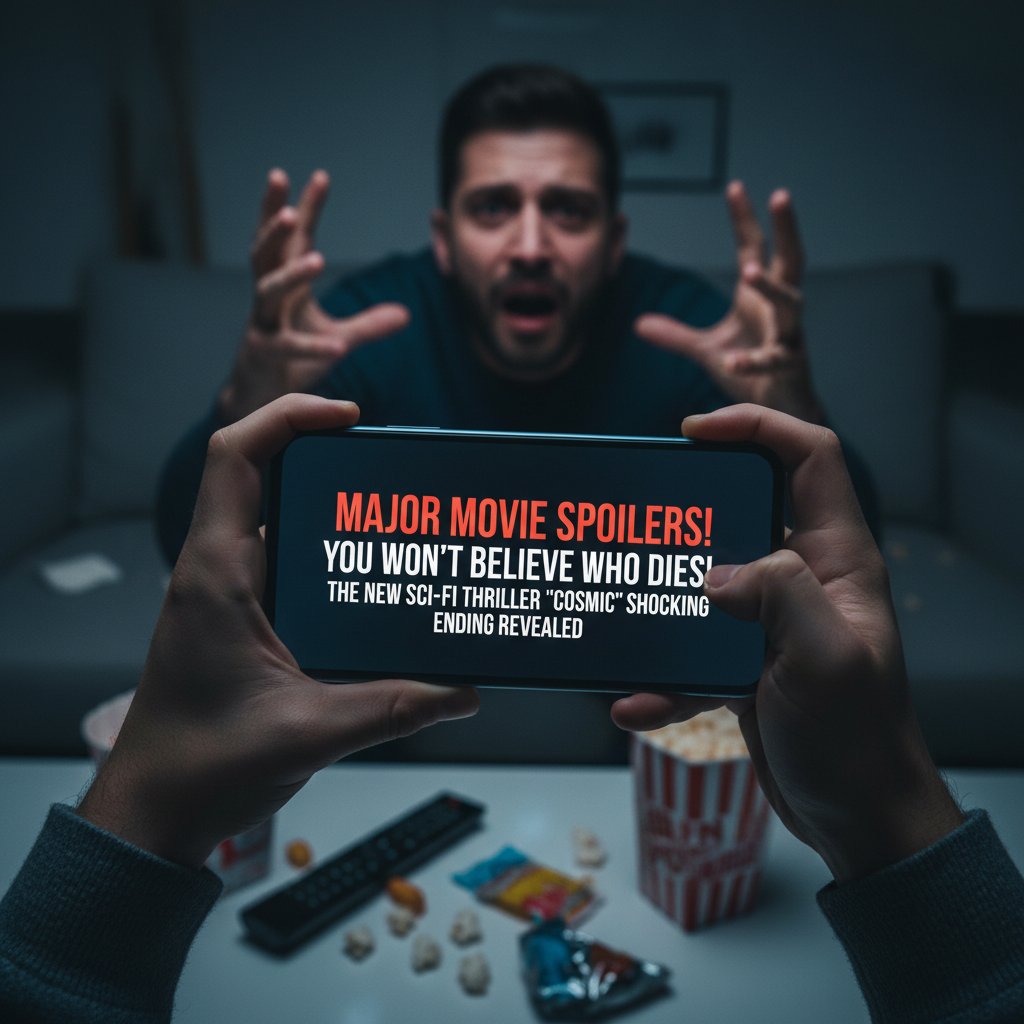 Close-up of smartphone with movie spoilers on screen, dramatic modern style, photo