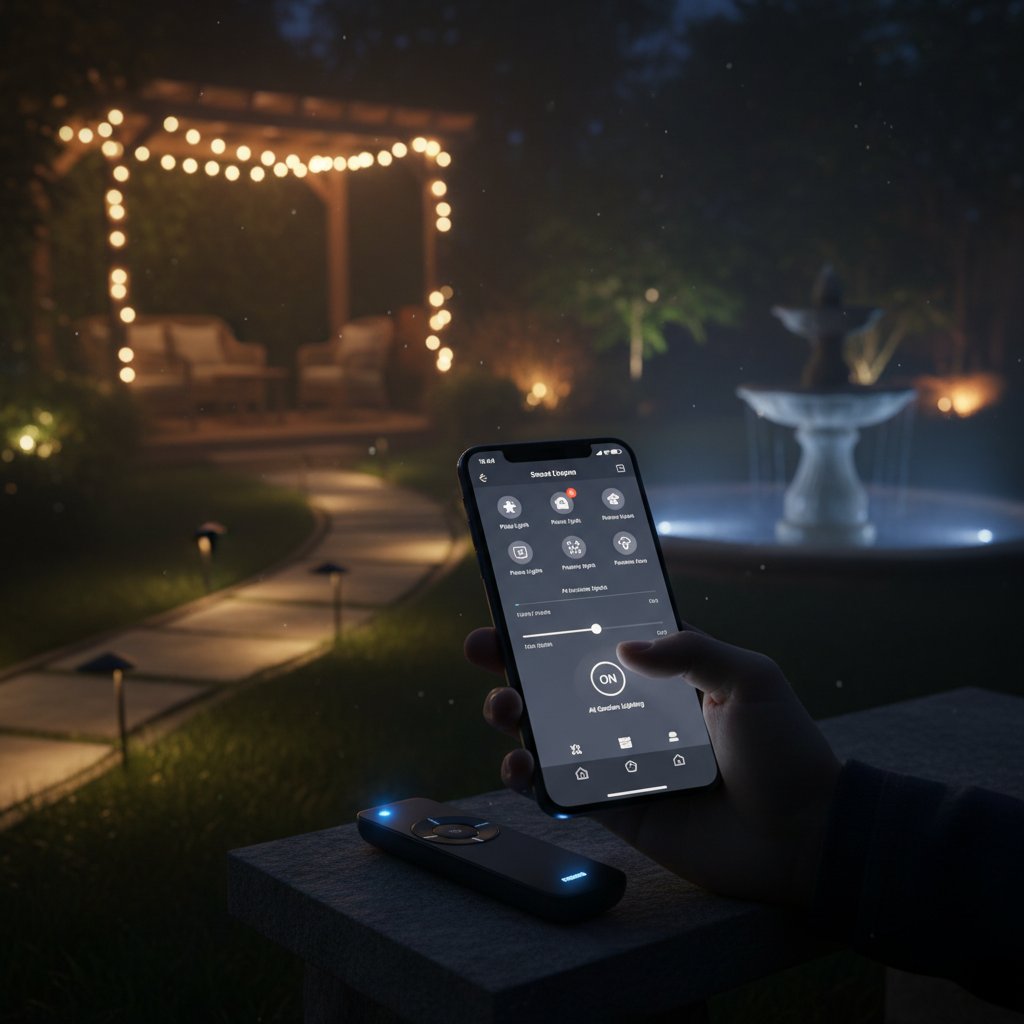 Sterowanie oświetleniem ogrodu przez aplikację na smartfonie w nocy