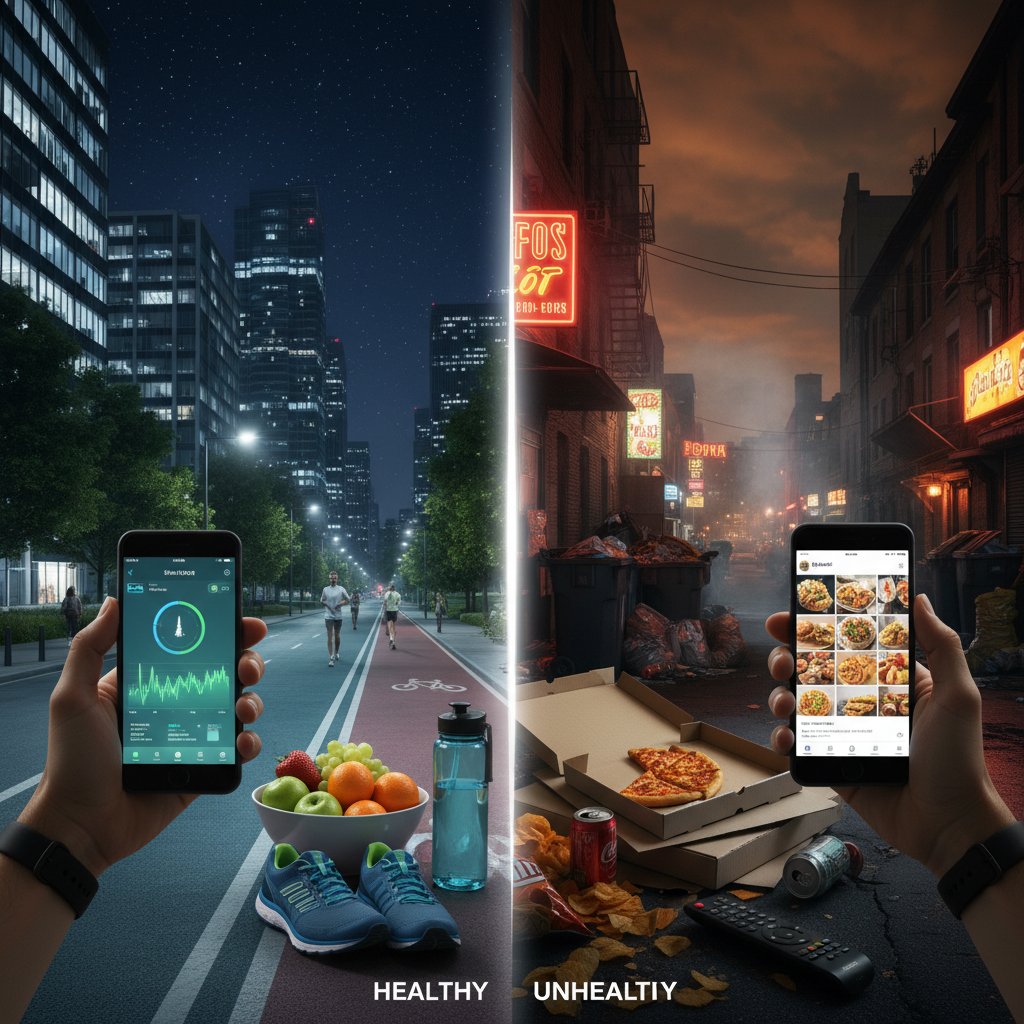 Smartfon z aplikacją zdrowotną na tle nocnego miasta, zdrowe i niezdrowe nawyki w jednym kadrze