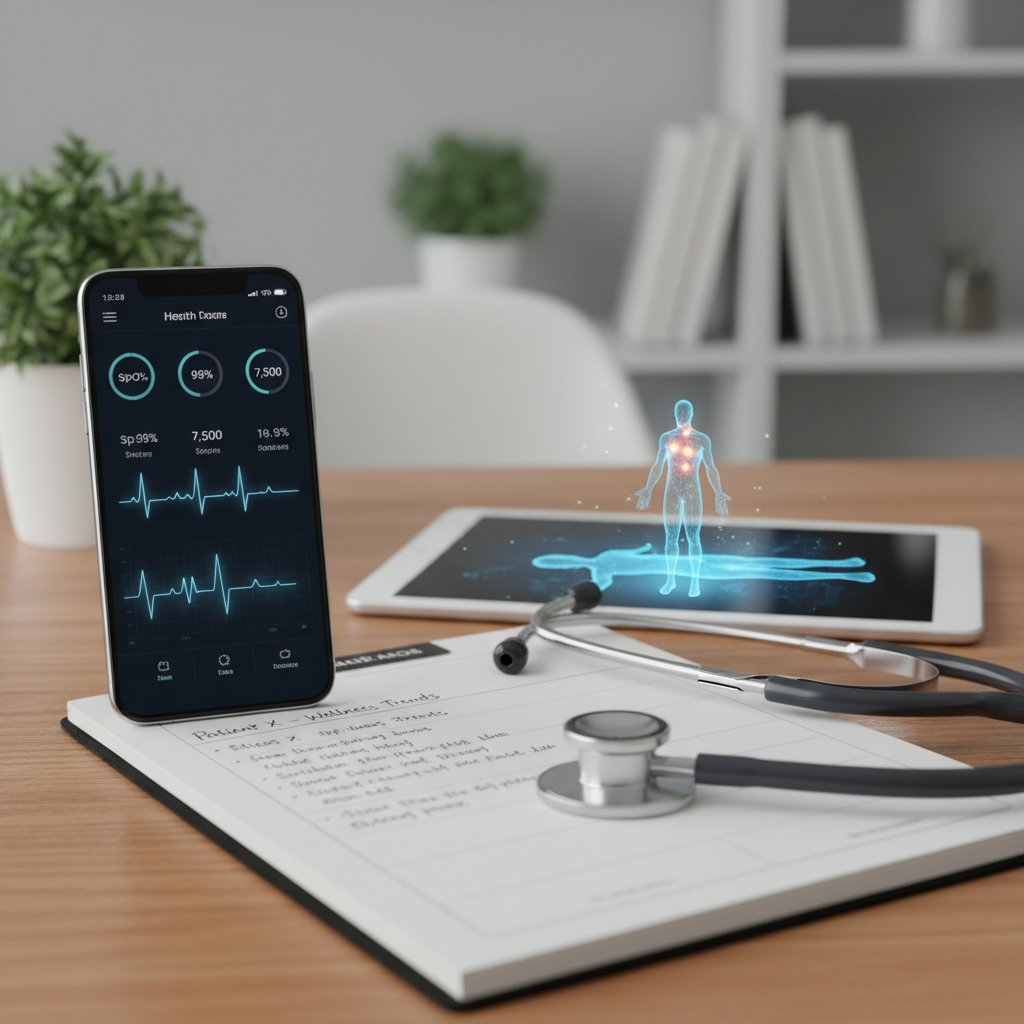 Kolaż elementów zdrowotnych: smartfon, notatnik, stetoskop, symbolizujące analizę objawów