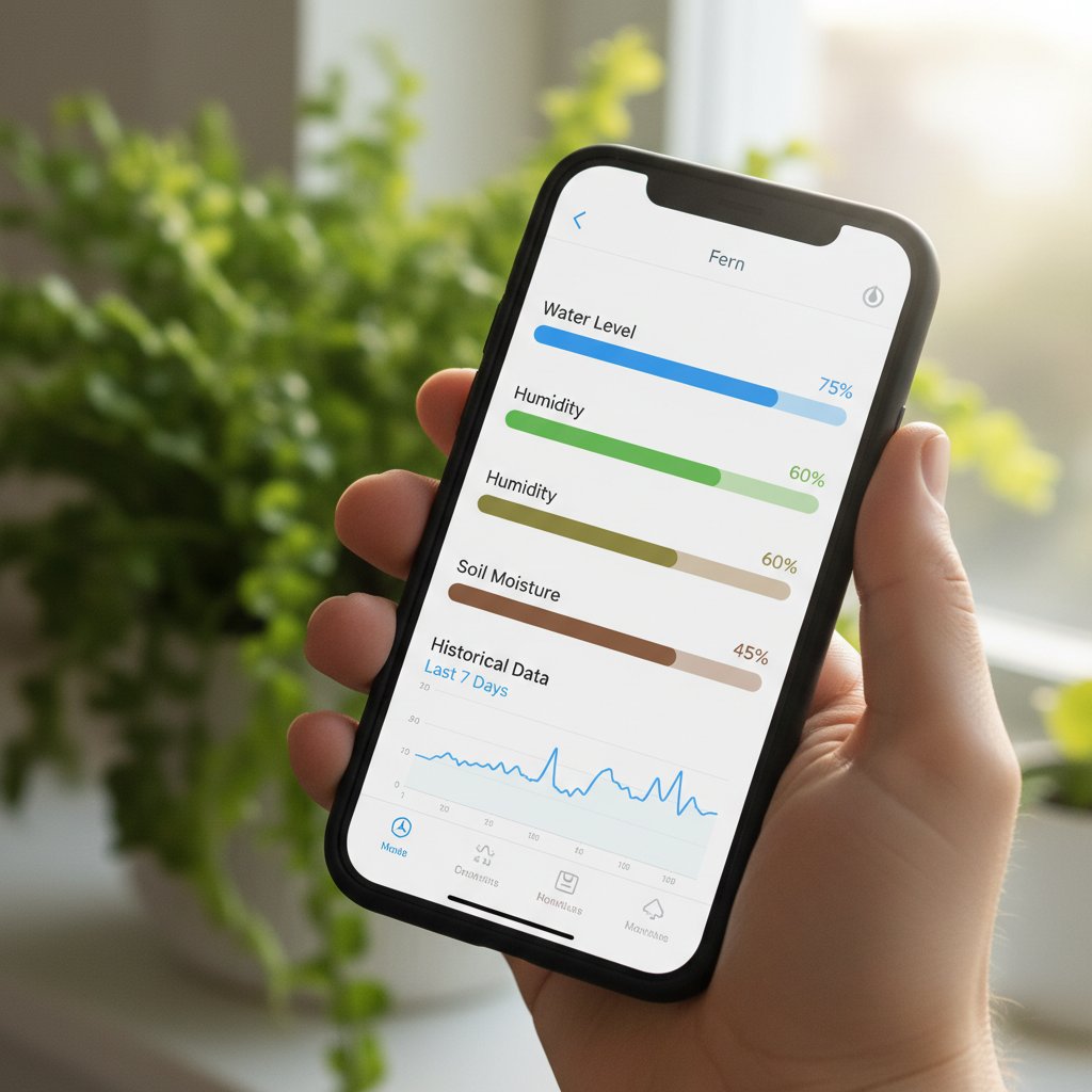 Smartfon z aplikacją monitorującą wilgotność roślin, widoczne wykresy