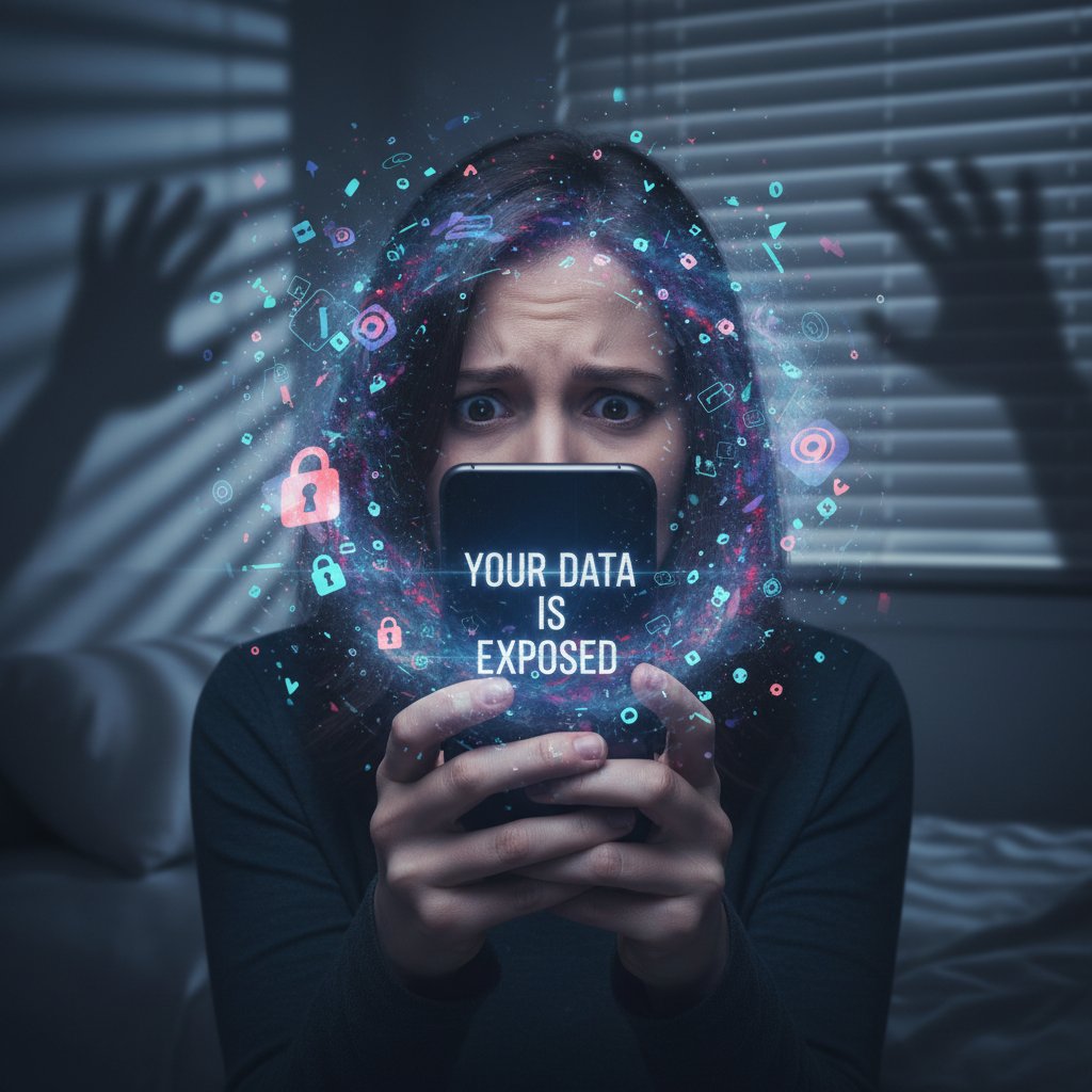 Osoba patrząca z niepokojem na wyświetlacz smartfona, wiadomość budząca dyskomfort