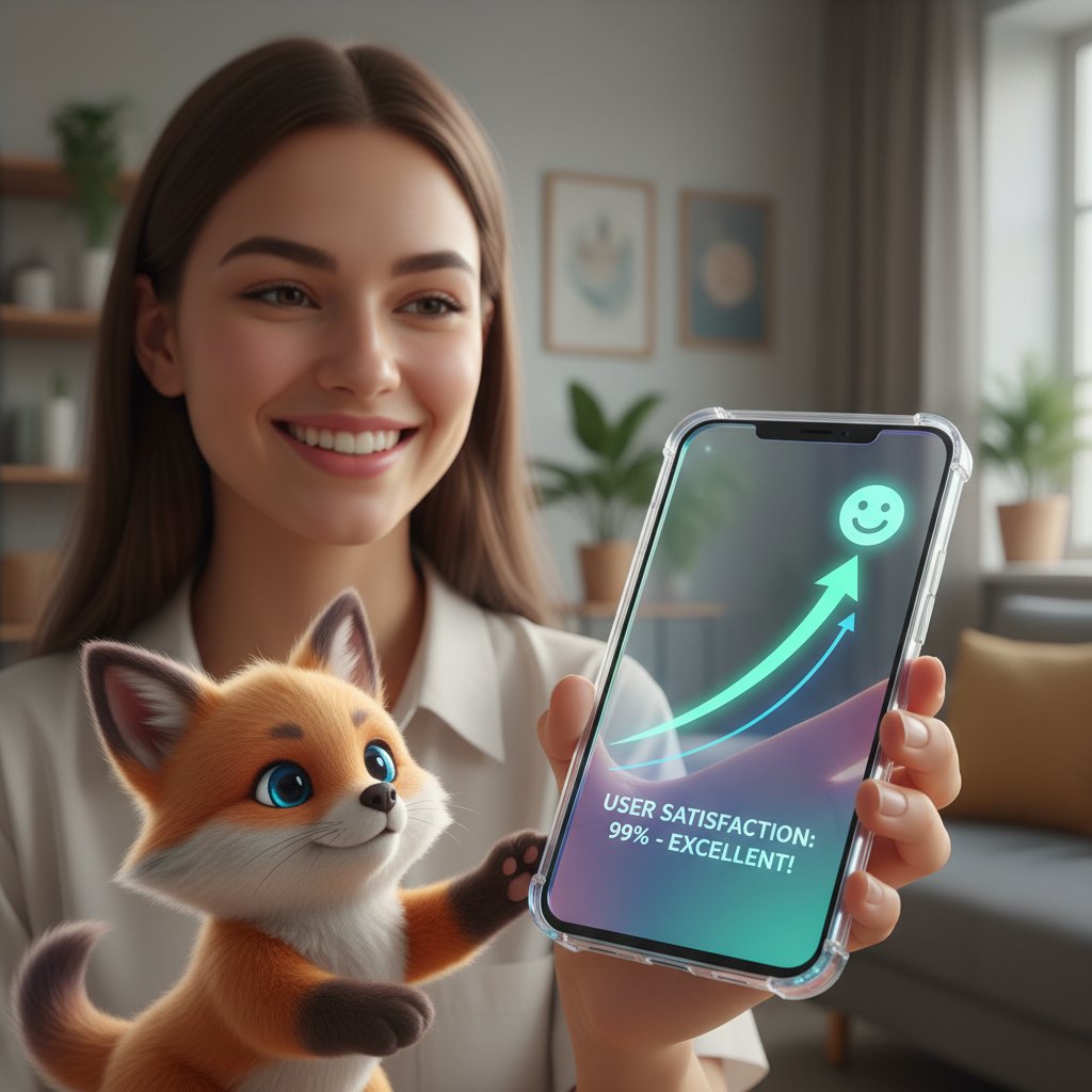 Zbliżenie na ekran smartfona – wykres satysfakcji z rozmów z kumplem online vs chatbotem, użytkownik się uśmiecha