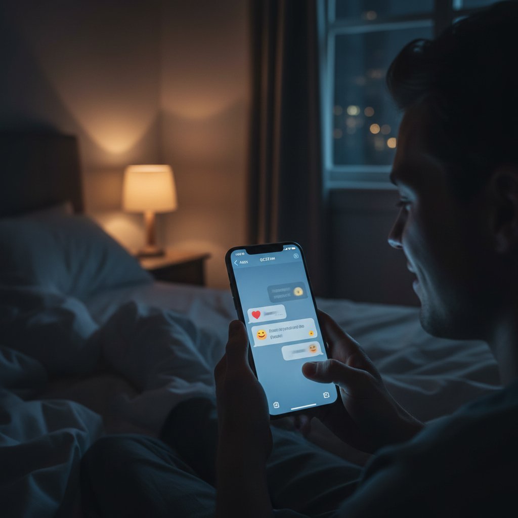 Telefon z widoczną konwersacją na temat seksu, nocna sceneria, emocje w cyfrowej komunikacji