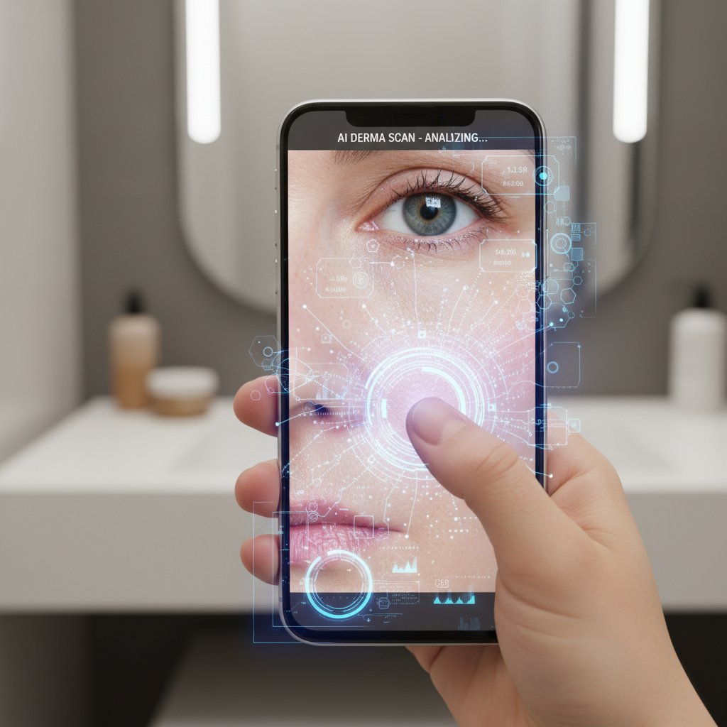 Zbliżenie na smartfon z aplikacją do analizy skóry, widoczne algorytmy i cyfrowe wzorce